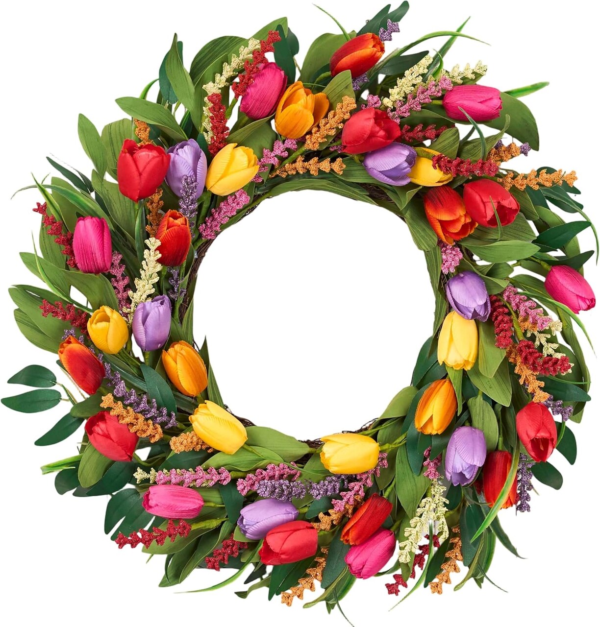 22-Inch Spring & Summer Tulip Wreath for Front Door – Artificial Yellow Tulips with Eucalyptus & Purple Lavender on Grapevine Base for Mother’s Day, Farmhouse & Wedding Décor